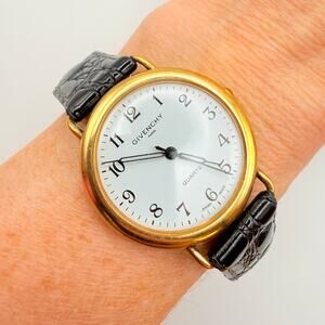 Vintage Givenchy Paris Womens Watch White Dial Round Gold Plated Round 33mm